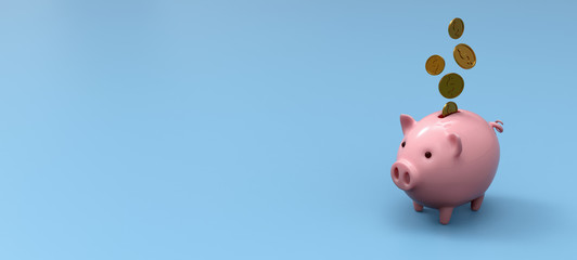 Stylized ceramic piggy bank on blue mockup background, 3D Illustration