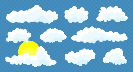 Clouds set with sun isolated on a blue    transparent background. Simple cute cartoon design. Icon or logo collection. Realistic elements. Flat style. Vector illustration
