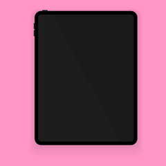 New design of black tablet in trendy thin frame style with shadow isolated on pink background. Vector illustration