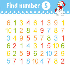 Find number. Education developing worksheet. Activity page with pictures. Game for children. Isolated vector illustration. Funny character. Cartoon style.