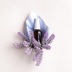 Lavender deodorant antiperspirant with lavender flowers in a glass bottle in a purple bag on a white background