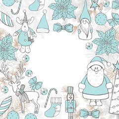 Vector Christmas frame with Santa Claus and deer. Sketch  illustration.