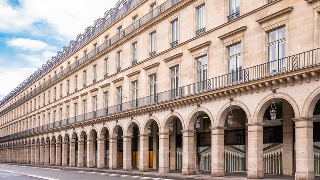 Paris, panorama of the rue de Rivoli, typical building, parisian facade
