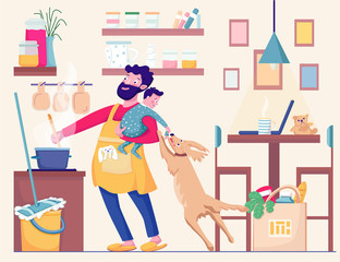 A man with a child in his arms doing homework. House husband cooks dinner and cleans the kitchen with her son and the dog. Vector illustration.