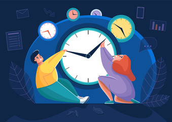 Time management concept in flat design style. A man and a woman try to stop the hands of the clock. Vector illustration.