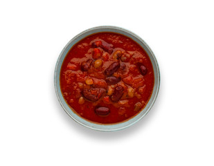 Isolated image of a bowl of delicious chilli bean soup, in a rustic bowl, with drop shadow.