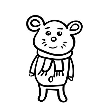 Mouse in a scarf. Cartoon vector. Vector illustration Coloring page, Coloring book. Contour. Coloring page adult and kids.