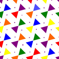 Multicolored triangles with dots seamless pattern. Abstract geometric shape texture. Design template for wallpaper, packaging, fabric, textile, vector illustration.