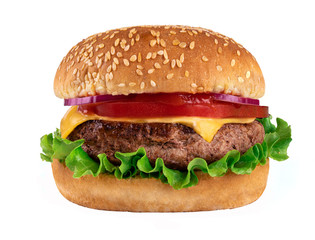 Fresh tasty big burger with cheese, beef, lettuce, red onion and tomato isolated on white background