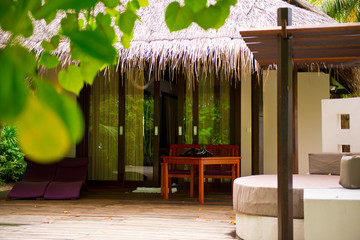 Tropical ocean villa view on luxury paradise island jungle