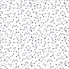 Conception de texture d& 39 univers. Modèle sans couture de ciel nocturne stylisé avec des étoiles brillantes et des constellations.