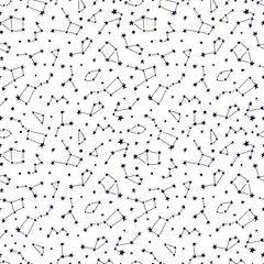 Stof per meter Universum textuur ontwerp. Gestileerde nachtelijke hemel naadloze patroon met stralende sterren en sterrenbeelden. © Maroshka