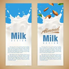  Almond Milk flyer design vector illustration with milk splash, vector illustration for ads, labels, and packaging design uses