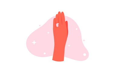 Engagement ring vector illustration. Cute flat image of left hand with diamond engagement ring after she said yes. Isolated on pink bubble background. Romantic, love, wedding concepts.