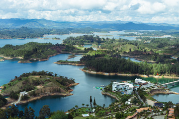 Fototapeta na wymiar Landscape of the El Peñol Reservoir, Guatapé. Antioquia Colombia