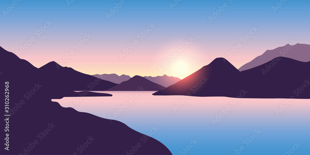 Wall mural peaceful big river nature landscape at sunrise in purple colors vector illustration eps10