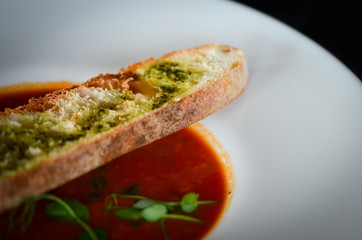 delicious tomatoes soup with toasted home made bread