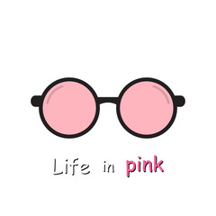 Pink glasses icon with the inscription. Symbol of fantasy and illusion. Vector illustration in a simple design.