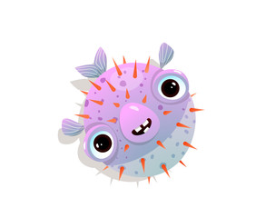 Puffer fish or blow fish kids fun cartoon hand drawn isolated.