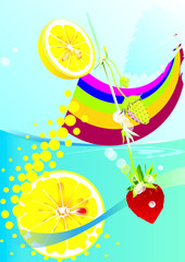 Cytryna, truskawka w napoju z tęczową barwą. © Ela