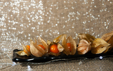 Black rectangular decorative plate with physalis fruit. Selective focus. Brazilian natal table. Defocused white lights background. Seen up close. Horizontal.