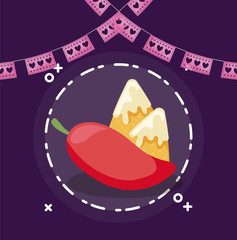Mexican chilli and nachos with banner pennant vector design