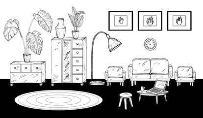Hand drawn room interior sketch. Black and white