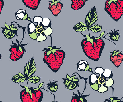 Seamless floral pattern with strawberry ornamental decorative background. Vector pattern. Print for textile, cloth, wallpaper, scrapbooking