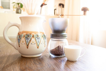home coffee equipment on a wooden bench