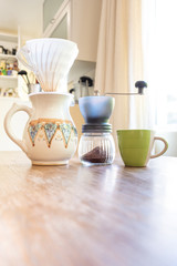 home coffee equipment on a wooden bench