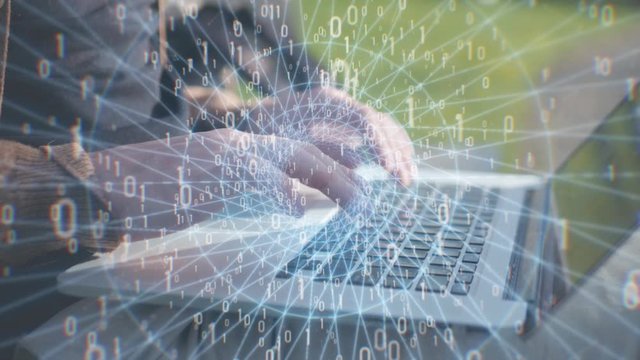 computer man programmer or hacker prints a code on a laptop keyboard to break into a secret organization system. Man hands, black background, animation 3d motion design flying numbers and symbols