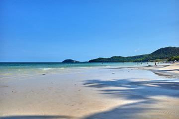 White sand on Sao beach, mountains on the horizont, Phu Quoc island, Vietnam