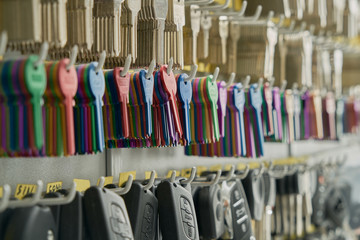 duplicates of keys of car and house in the wall of a locksmith's shop to be able to make the copies