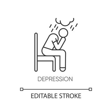 Depression linear icon. Crying person. Chronic exhaustion and fatigue. Frustration and stress. Mental disorder. Thin line illustration. Contour symbol. Vector isolated outline drawing. Editable stroke