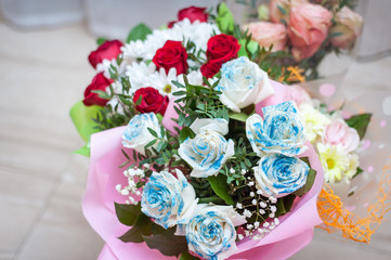 Autumn flowers decoration. decoration with flowers hydrangea flowers, rose petals.