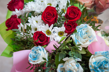 Autumn flowers decoration. decoration with flowers hydrangea flowers, rose petals.