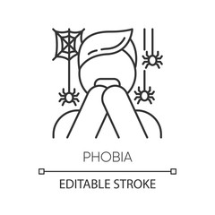 Phobia linear icon. Fear of spiders. Arachnophobia. Frightened person, terrified man. Horror. Mental disorder. Thin line illustration. Contour symbol. Vector isolated outline drawing. Editable stroke