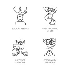 Mental disorder linear icons set. Suicidal feeling. Post traumatic stress. Impostor syndrome. Personality disorder. Thin line contour symbols. Isolated vector outline illustrations. Editable stroke