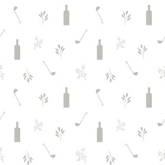 Seamless vector pattern with gray contours of plants, a scoop and a bottle of oil or wine isolated on white background.