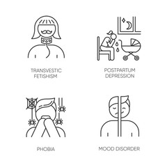 Mental disorder linear icons set. Transvestic fetishism. Postpartum depression. Phobia. Panic attack. Mood disorder. hin line contour symbols. Isolated vector outline illustrations. Editable stroke