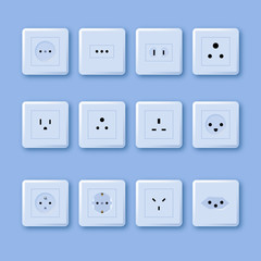 Electric outlet. Different type power socket set, vector isolated icon illustration for different country plugs. Power socket. World standards icons set. Switches and sockets types set. AC power