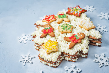 Cream tart tree cake on a blue background