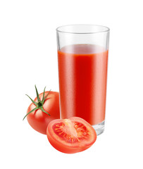 Glass of fresh healthy red juice with tomatoes isolated on white background, with clipping path
