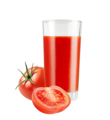 Glass of fresh healthy red juice with tomatoes isolated on white background, with clipping path