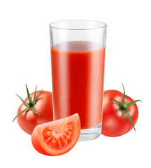 Glass of fresh healthy red juice with tomatoes isolated on white background, with clipping path