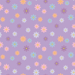 Seamless vector cute light pattern with color red, violet and blue flowers on a pale purple background.