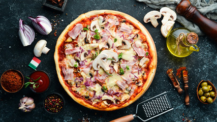 Traditional Italian pizza with mushrooms and bacon. Top view. free space for your text. Rustic...