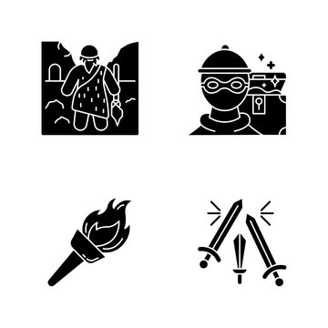 Archeology glyph icons set. Prehistoric man. Caveman. Marauding. Treasure hunt. Flambeau. Flaming torch. Beacon. Sword fight. Weapons clash in battle. Silhouette symbols. Vector isolated illustration