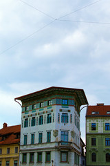 Amazing landscape view of ancient building in the heart of the city against blue sky at sunny autumn day. Architect and landmark concept Presernov square, Ljubljana, Slovenia