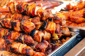 Skewers of grilled meat and vegetables